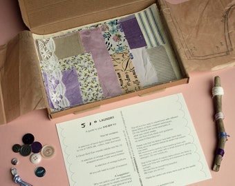 Slow Stitch Kit, Lilac & Purple Vintage Fabric, Embroidery Thread, Buttons