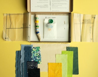Indigo Slow Stitch Kit, Vintage Fabric, Embroidery Thread, Buttons