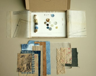 Indigo Slow Stitch Kit, Vintage Fabric, Buttons, Embroidery Thread