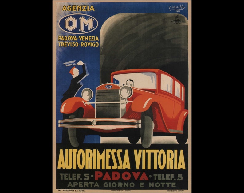 Nostalgia Vintage Print autorimessa vittoria padova piquillo 1930 poster Vintage Reprint Poster Gift Reprint Art
