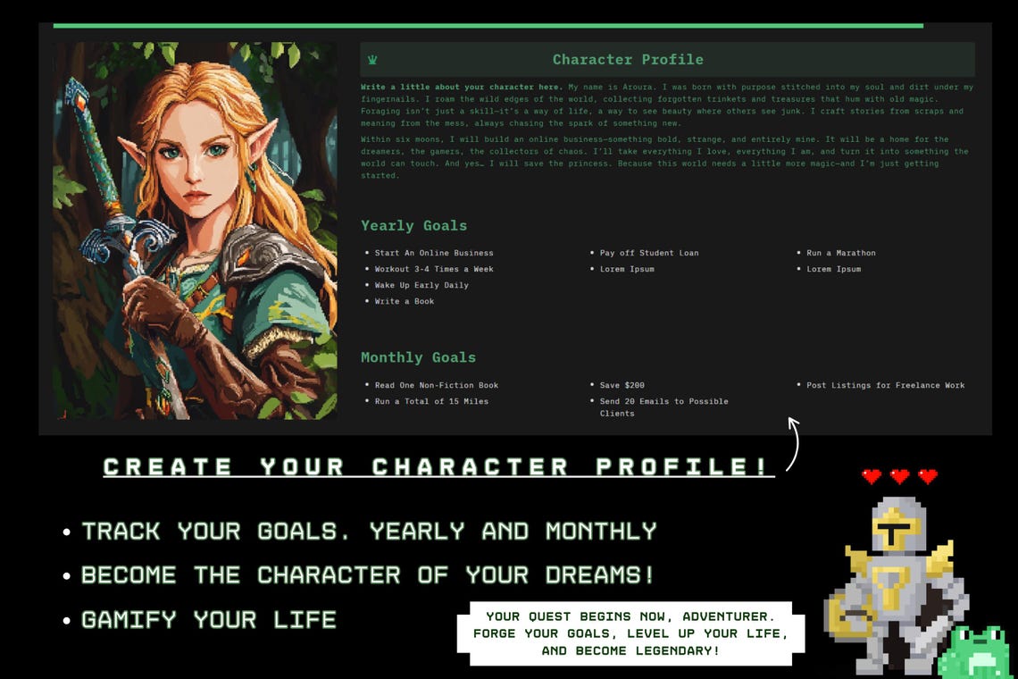 Gamify Your Life Notion Planner RPG Dashboard One Page Template Task