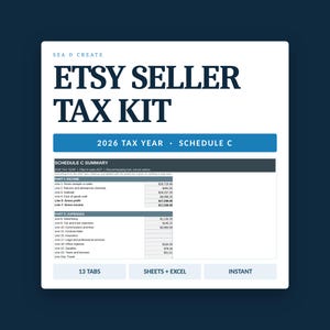 Etsy Seller Tax Sheet 2026, Schema C Tracker, 1099-K-logg, Google Sheets och Excel
