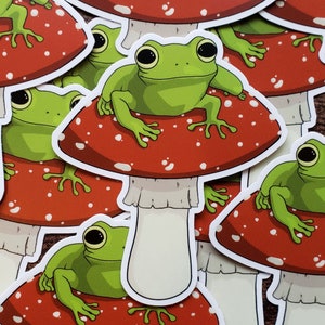 Frog on Mushroom Sticker | Waterproof, Durable, Sturdy, Non-Fade Label Sticker, Notebook, Laptop, Water-Resistant Colorful Frog Sticker