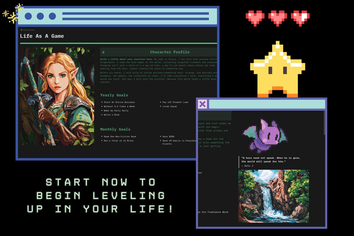 Gamify Your Life Notion Planner RPG Dashboard One Page Template Task