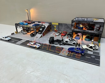 Présentoir diorama à l'échelle 1:64 pour voitures moulées sous pression - Garage double étage pour dioramas Rocket Bunny à vendre - Pour Hotwheels Majorette, etc. Cadeau pour homme.