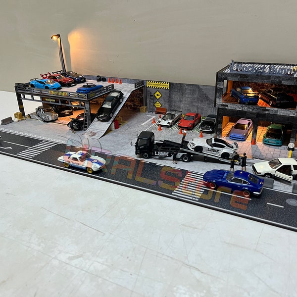 Exhibición de diorama a escala 1:64 para autos fundidos - Venta de garaje de diorama Rocket Bunny de doble piso - Para Hotwheels Majorette, etc. Regalo para hombre.