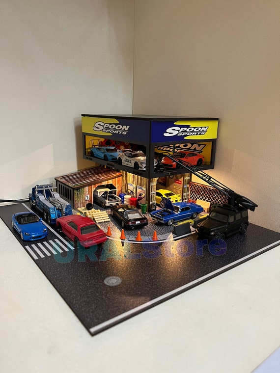 For 1:64 Scale Diecast Model Cars Spoon Diorama Garage and Parking Lot for  Sale for Hotwheels Majorette Greenlight Etc. 