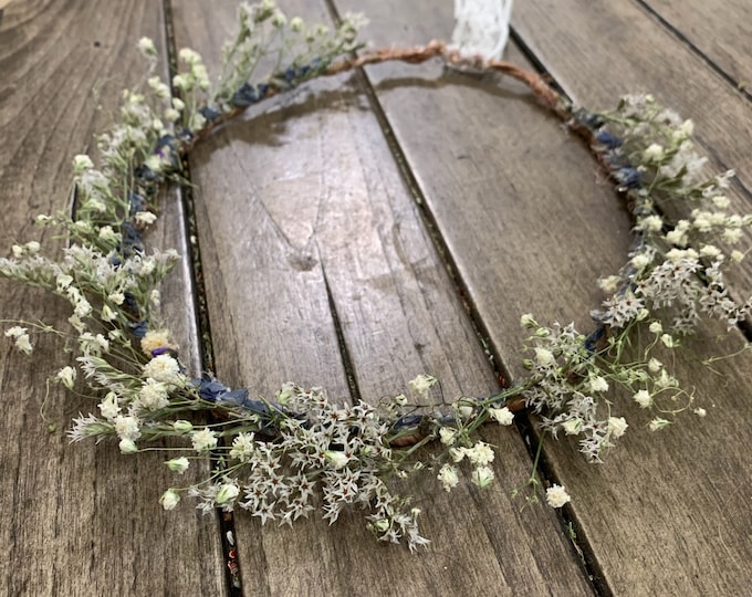 Dried Flower Crown: Baby's Breath, Texas Bluebonnet petals for Teenager/Adult