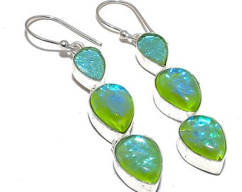 Pendientes colgantes de ópalo de fuego verde en plata de ley: joyas de piedras preciosas de color verde azulado