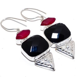 Black Onyx & Ruby Sterling Silver Earrings – Cushion Dangle, Bezel Set Statement Earrings