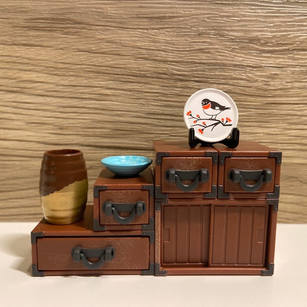 Dollhouse miniature Retro Style Japanese cabinet set with decor