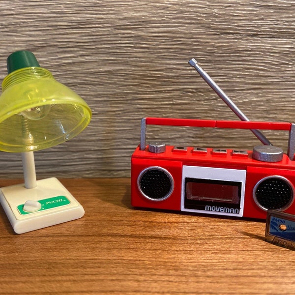 Dollhouse miniature cassette player desk lamp set