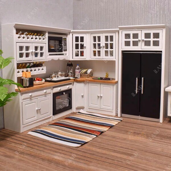Poppenhuis miniatuur Luxe Moderne Keukenkasten spoelbak koelkast magnetron set