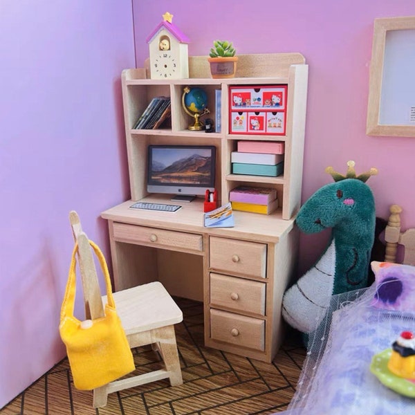1/12 scale dollhouse miniature wooden desk with hutch and chair set doll furniture