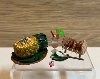 Rare Re-ment Dollhouse Miniature Asian Thai Cuisine Pineapple Fired Rice Satay Cocktail drink dollhouse food