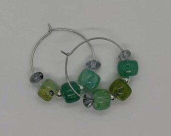 Green and Gray Glass Hoop Earrings