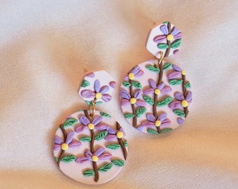 Handmade Polymer Clay Earrings with Botanical Flower Slab