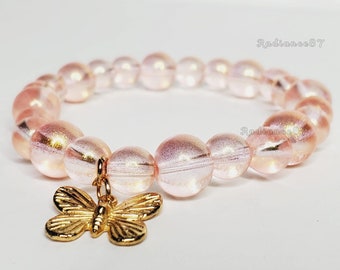 Pink Bead Butterfly Charm Bracelet, Minimalist Bead Bracelet, Gift for her, Glass Beaded Bracelet, Handmade Bead Jewelry,