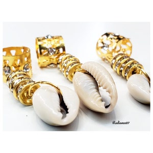 Gioielli Cowrie Loc, gioielli per dreadlock, set da 3, anelli fermacapelli per trecce naturali, ornamenti per gioielli regolabili in oro per trecce e loc.