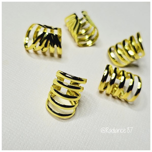 Adjustable Hair Cuffs Clip Beads, Body Cuffs, Gold Loc Jewelry Charm Rings | 5 Gold Cuff Tube Coils | Dreadlock Braids Bling Hair Candy