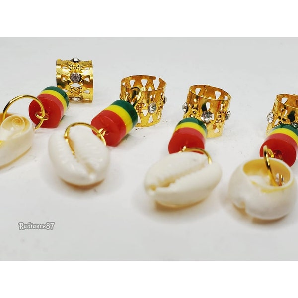 Cowrie Loc Jewelry, Dreadlock Jewelry, Rasta Hair Cuff Coil, Braids Natural Hair Jewelry Clip Rings, Set of 4 Loc Cuffs