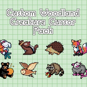 Könnte beinhalten: Ein Set mit 8 Pixel-Art-Icons von Waldtieren als Cursor. Die Icons zeigen ein Kaninchen, eine Katze, einen Igel, einen Fuchs, einen Bären, eine Eule, einen Waschbären und einen Opossum. Die Icons sind in verschiedenen Farben gehalten und wurden für die Verwendung als Computer-Cursor entworfen.