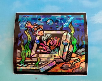 Frutiger Aero Computer Fish | Holographic Vinyl Sticker