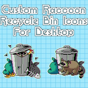 Pode incluir: Dois ícones de pixel art representando um guaxinim e uma lata de lixo. O primeiro ícone mostra um guaxinim espiando de uma lata de lixo com um peixe e uma perna de frango. O segundo ícone mostra um guaxinim sentado ao lado de uma lata de lixo com um saco verde.