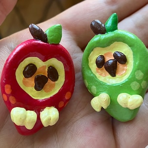 Handmade Clay Apple Owl Pins & Magnets
