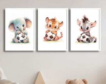 Soccer Nursery Decor Boy and Girl - Football Wall Art Set - Minimalist Animal Sports Nursery Decor - Safari Animals - Elephant Tige, Zebra