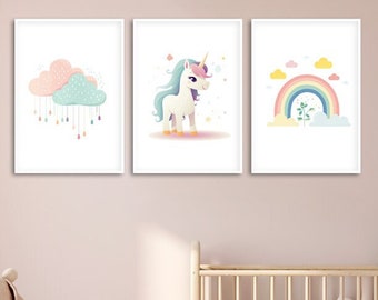Unicorn Nursery Decor, Girls Room Decor, Fairytale Prints, Unicorn Prints, Rainbow, Clouds, Minimalist Nursery Decor, Magical Nursery
