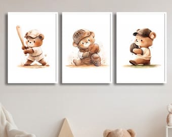 Baseball Nursery Decor Boy - Baseball Soccer Wall Art Print Set - Minimalist Animal Sports Nursery Decor - Teddy Bear -  Baseball Kids Decor