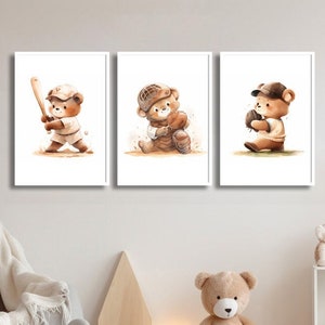 Baseball Kinderzimmer Dekor Junge - Baseball Fußball Wand Kunst Druck Set - Minimalistische Tiersport Kinderzimmer Dekoration - Teddybär - Baseball Kinder Dekor