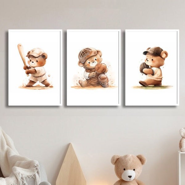 Baseball Nursery Decor Boy - Baseball Soccer Wall Art Print Set - Minimalist Animal Sports Nursery Decor - Teddy Bear -  Baseball Kids Decor