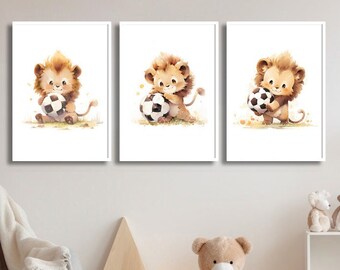 Soccer Nursery Decor Boy and Girl - Football Wall Art Set - Minimalist Animal Sports Nursery Decor - Sports Nursery - Lion Football Decor
