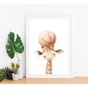May include: A watercolor illustration of a giraffe with a basketball on its head. The giraffe is smiling and has a brown and white spotted pattern. The background is white.