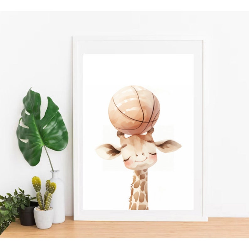 May include: A watercolor illustration of a giraffe with a basketball on its head. The giraffe is smiling and has a brown and white spotted pattern. The background is white.