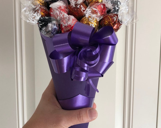 Personalized Gift Purple Artificial Soap Flower Roses & Lindt Lindor Chocolates Bouquet Gift Hamper For Any Occasions Birthday, Mother's Day