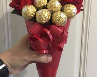 Personalized Gift Artificial Soap Flower Red Roses & Ferrero Chocolates Bouquet Gift Hamper For Any Occasion Birthday, Mother's Day
