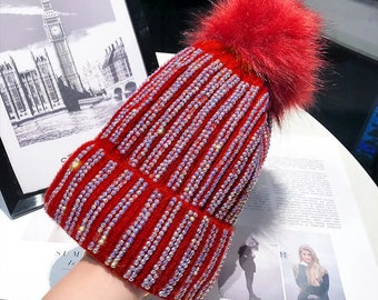 Red Womens Faux Fur PomPom Rhinestone Beads Beanie