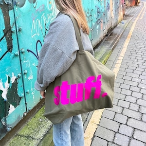 Oversized XL Cotton Canvas “STUFF” shoulder tote bag