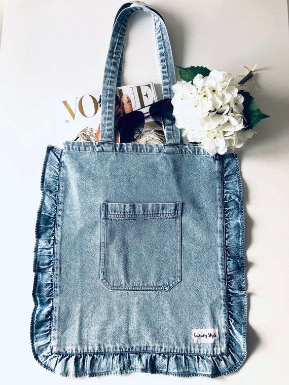Denim Ruffle Frill Pocket Cotton Tote Bag - Etsy