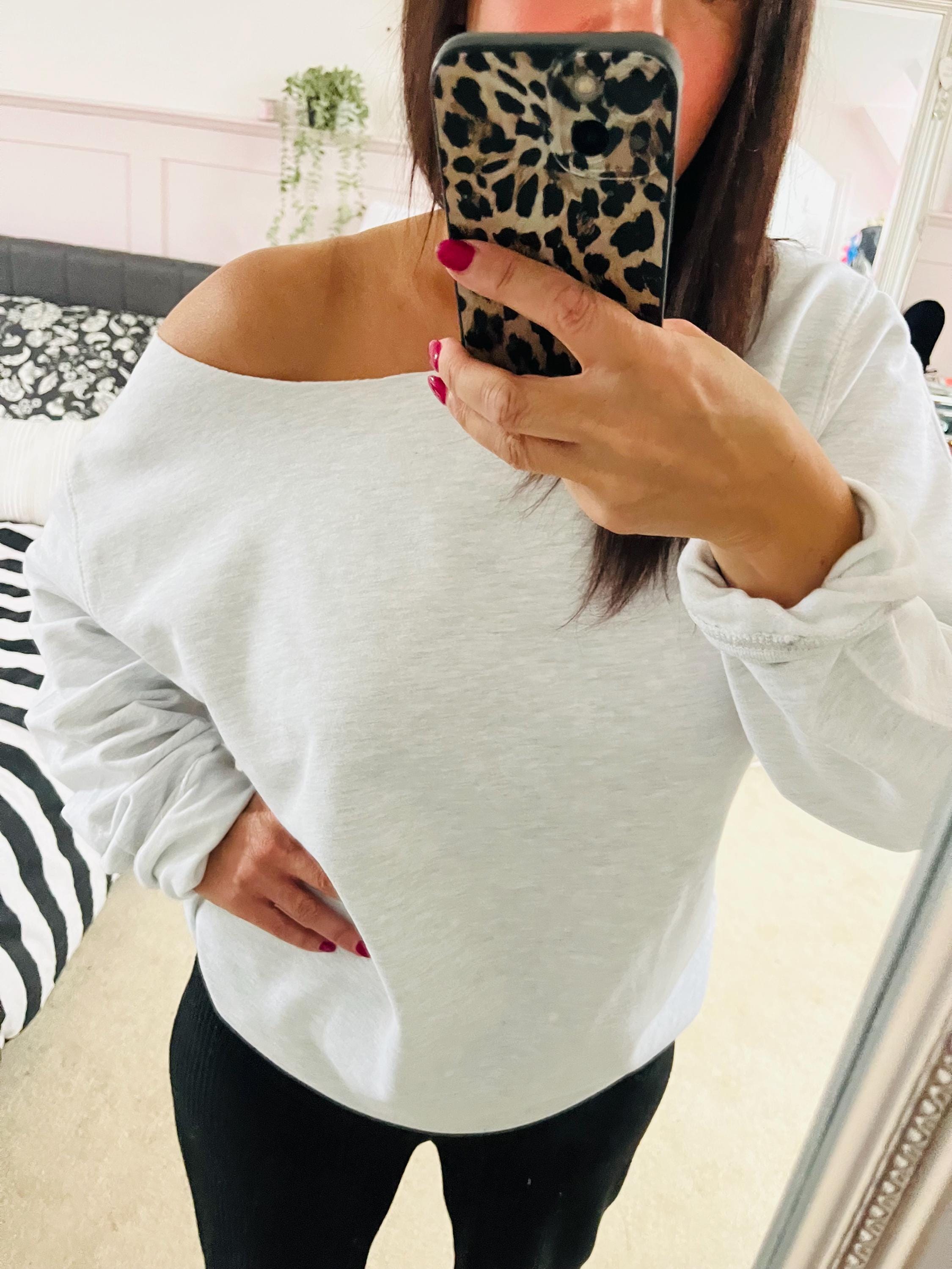 Light Grey Marl Melange Heather Off The Shoulder Long Sweatshirt