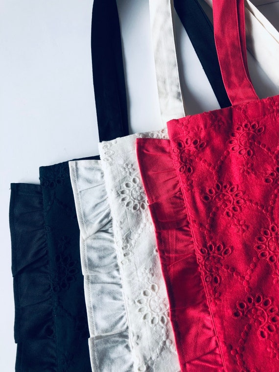 Broderie Anglaise White Frill Cotton Pocket Tote Bag Etsy