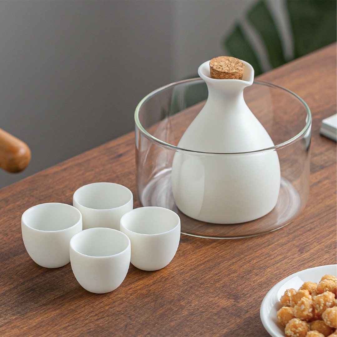 Minimal Japanese Style Sake Set With Warmer 1 Bottle, 4 Cups or 6 Cups