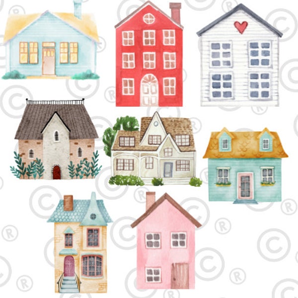 Watercolor Houses Clipart - Home Clipart - Cottage clipart - house clipart-colorful houses-cabin clipart - instant download - Commercial Use