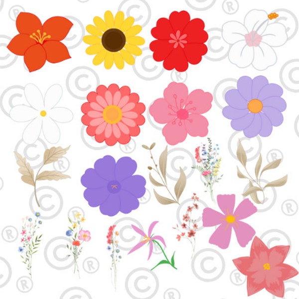 Colorful Floral Clipart Set - flowers, leaves, buds, Spring flowers clip art set - Instant Download, Personal Use, Commercial Use, PNG