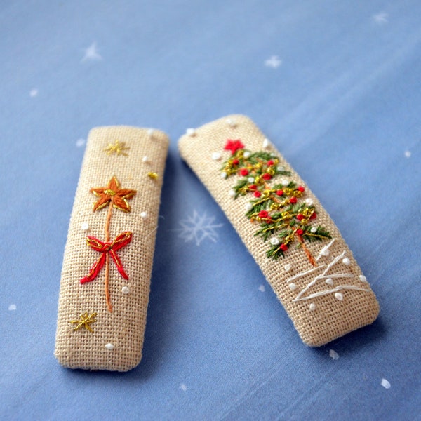 Christmas Embroidered hair clips, Advent holiday gift for girls, Christmas tree & magic wand, Winter hair accessories, Advent holiday gift