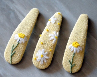 Hand Embroidered Camomile Flower Hair Clip, Linen Barrettes