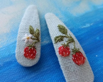 Embroidered Linen Hair Clips, Unique Summer Birthday Gift Accessories Red Balloon Strawberry embroidery Barrettes